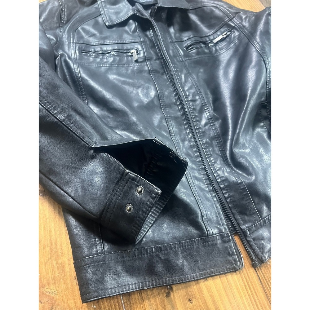 Bleu Grandeur Mens Faux Leather Moto Jacket Black Full Zip Quilted Lining Size M - Picture 2 of 7